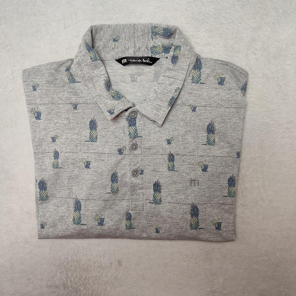 Travis Mathew Polo Shirt Mens XL Gray Pineapple Graphic Golf Performance Work